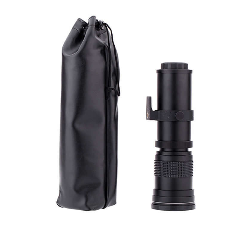 420-800mm zoom adapter ring camera lens with carrying case and adjustable focus design.