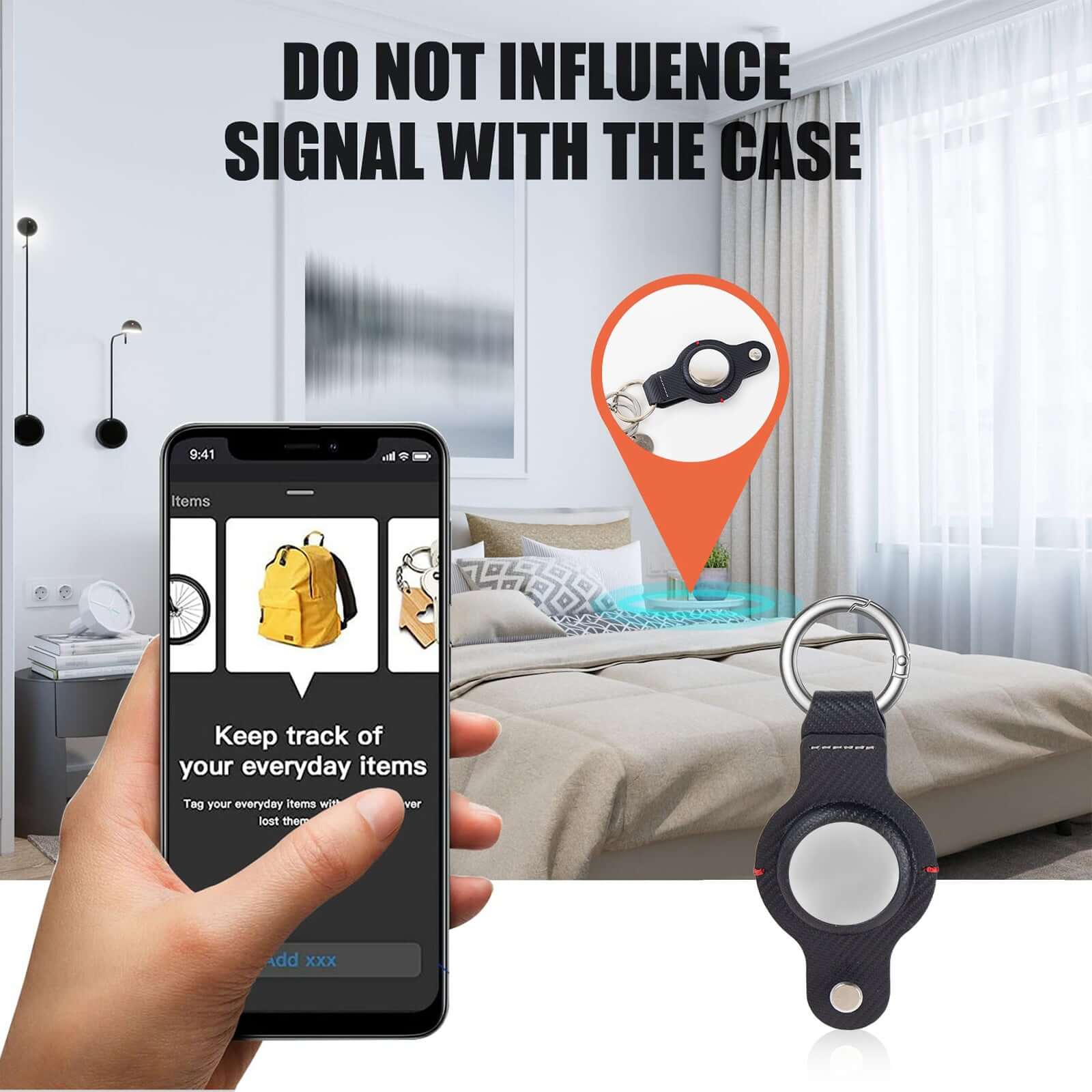 Smartphone tracking an AirTag holder in a modern room, showcasing convenience and functionality.