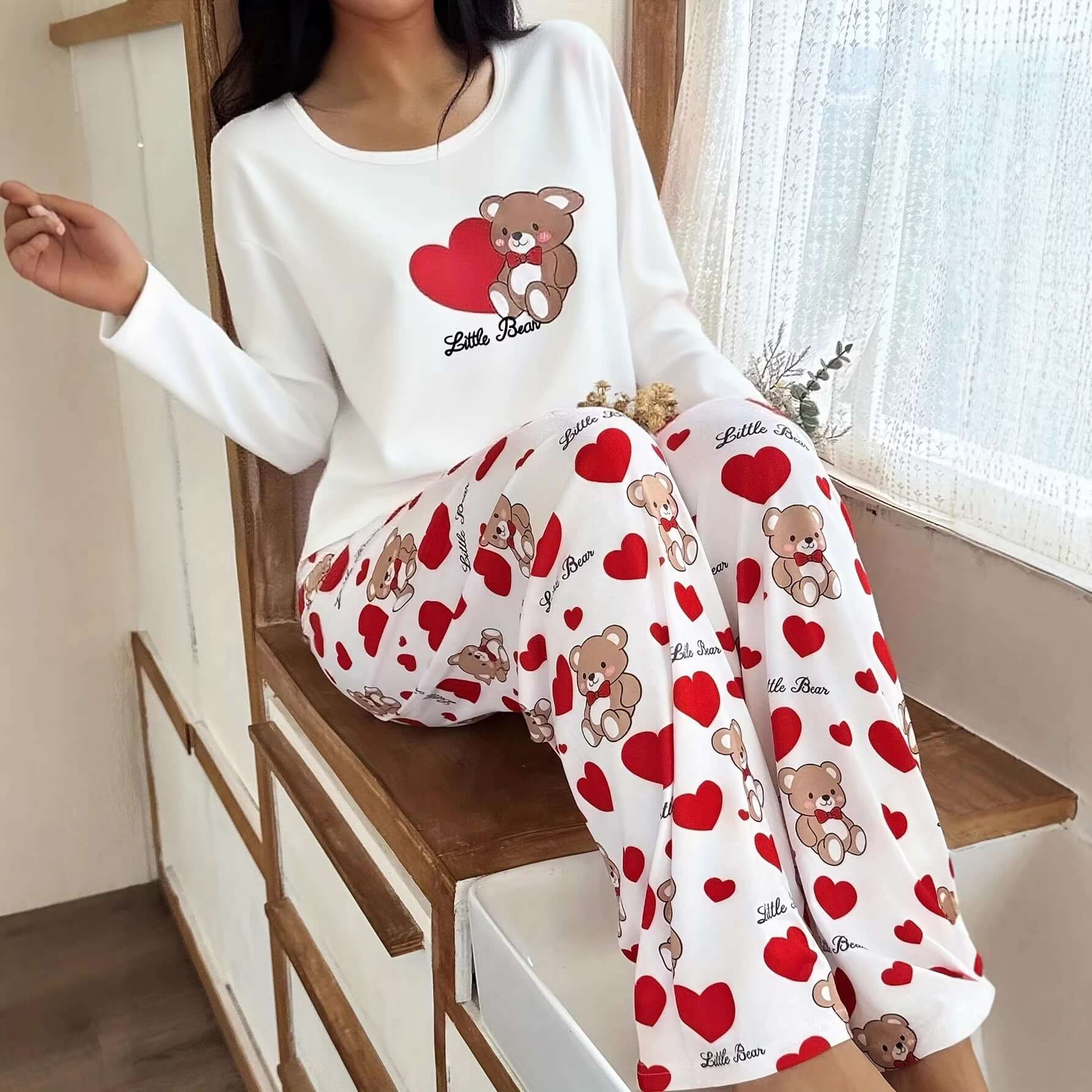 Womens Crew - Neck Bear And Heart Print Long - Sleeve Pajama Set With Long Pants - DBMP (Electronics And More Store)