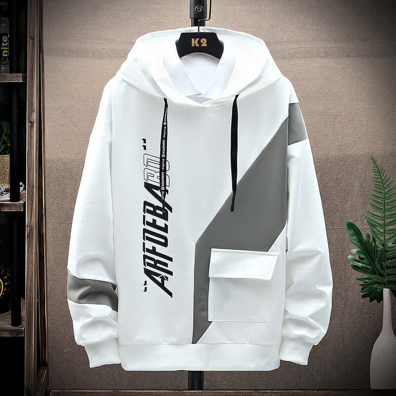 White and gray hooded sweater for men with long sleeves and stylish geometric design, perfect for casual outings.