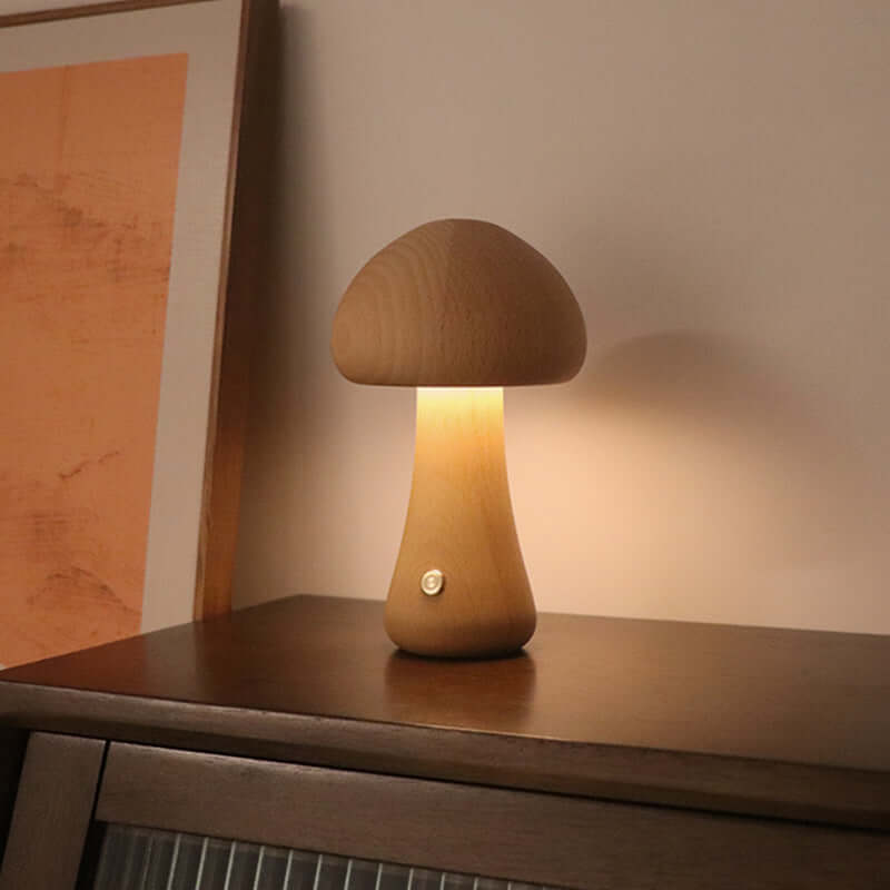 Wooden mushroom LED night light with touch switch on bedside table, perfect for children's room decor.