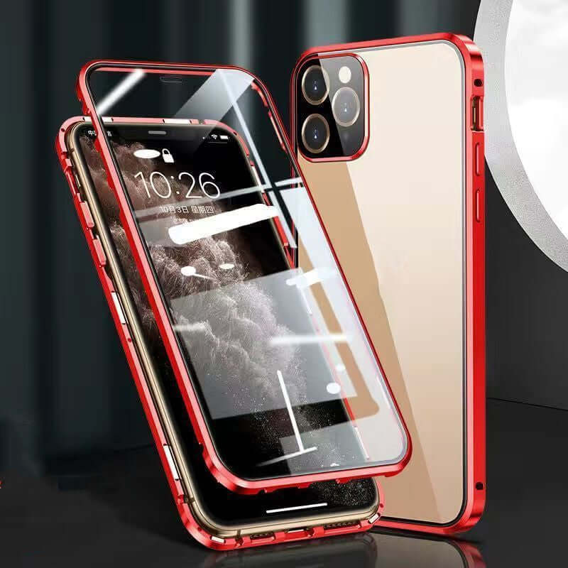 Red metal frame snap double-sided glass phone case for Apple iPhone, stylish and protective design.