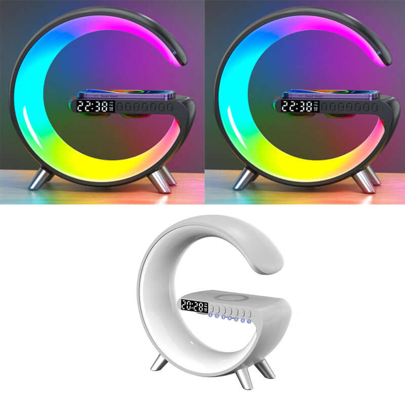 Multifunctional G-shaped LED lamp with Bluetooth speaker and wireless charger, showcasing colorful atmosphere lighting.