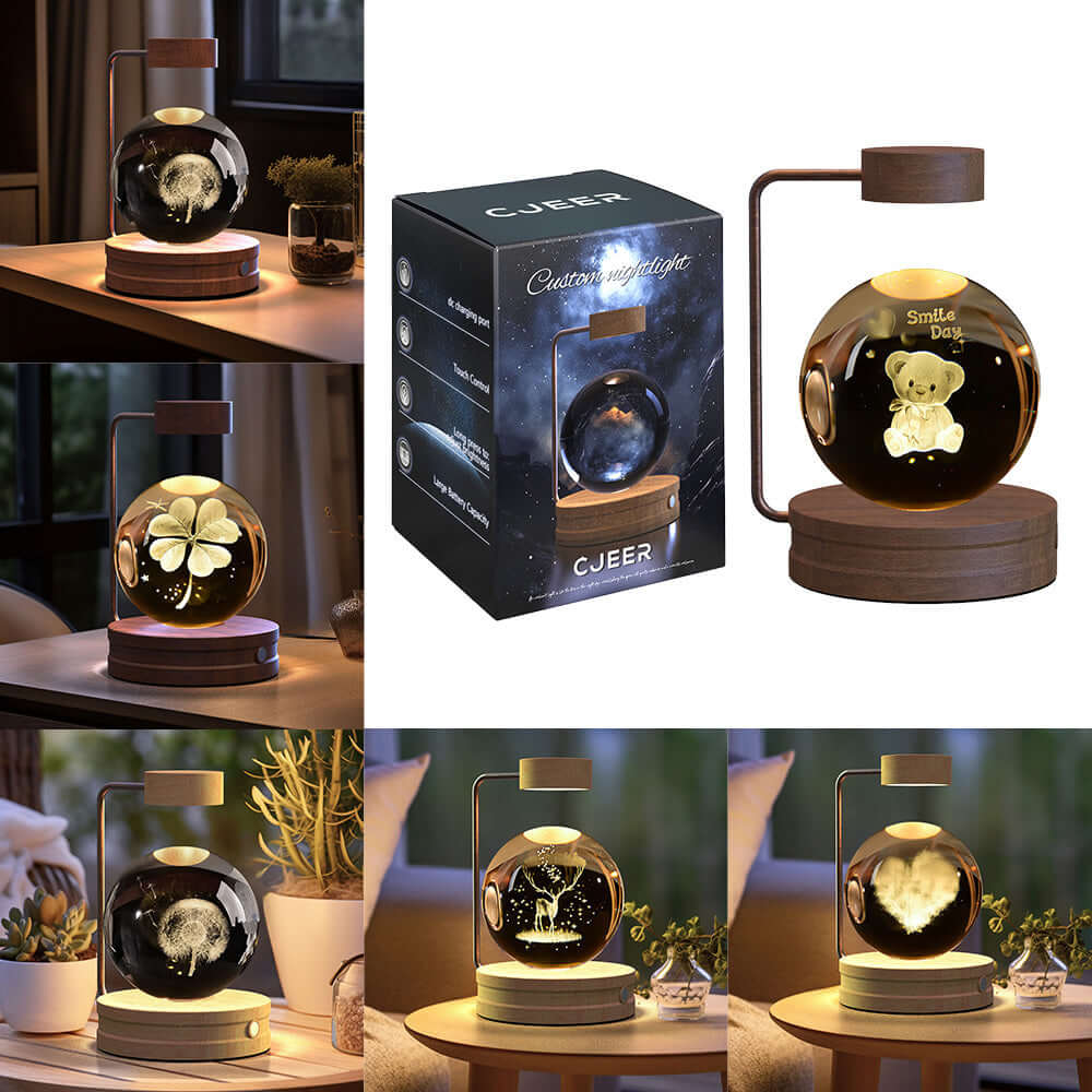 Crystal ball cosmic dinosaur night light with 3D design and warm LED glow, perfect for bedrooms and as a gift.