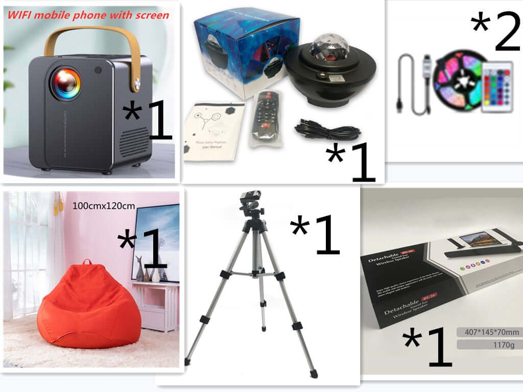 Image showcasing a WiFi projector, LED speaker, bean bag, tripod, and accessories for an entertainment setup.