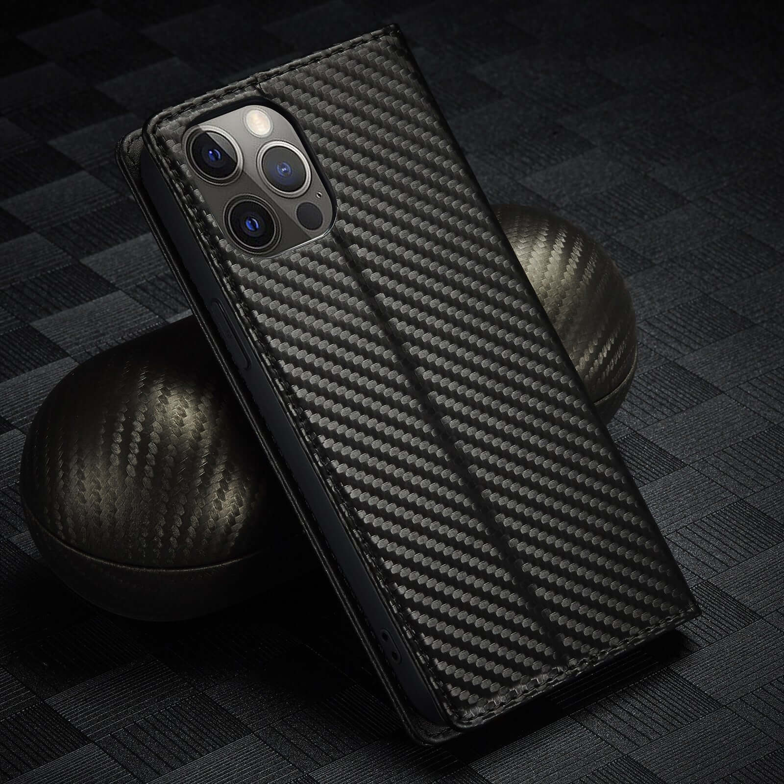 Leather phone case with carbon fiber texture, flip style, handmade, compatible with Apple devices.