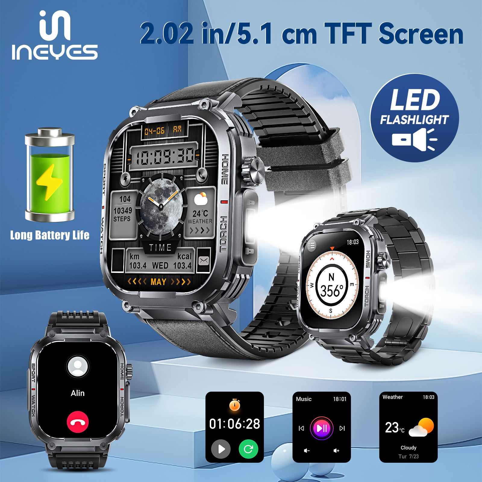 INEYES S320B Sport Modes Smart Watch For Men With LED Flashlight, Women's Smartwatch With Wireless Call, Men's Smartwatches With 2.02 - Inch HD Screen - DBMP (Electronics And More Store)