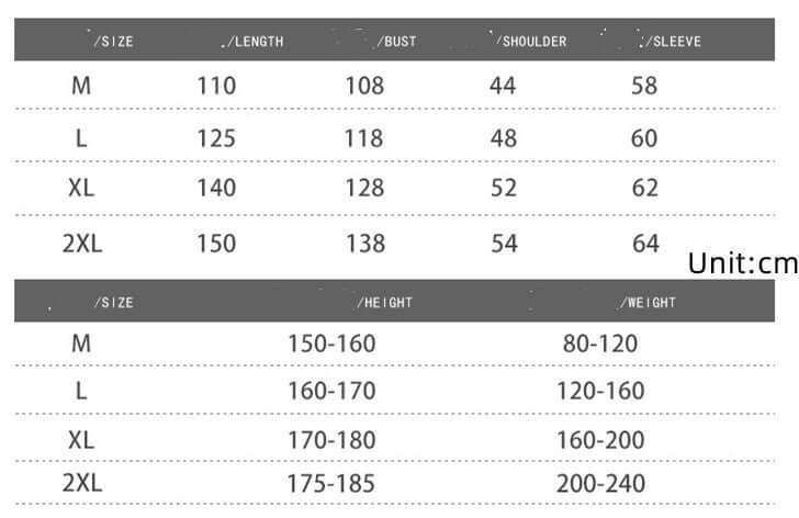 Size chart for Men's Winter Coral Fleece Nightgown showing measurements for M, L, XL, and 2XL.