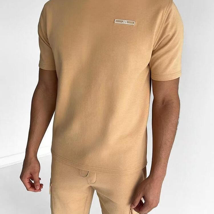 Men's casual sports t-shirt in beige, featuring a comfortable fit and stylish design for active wear.