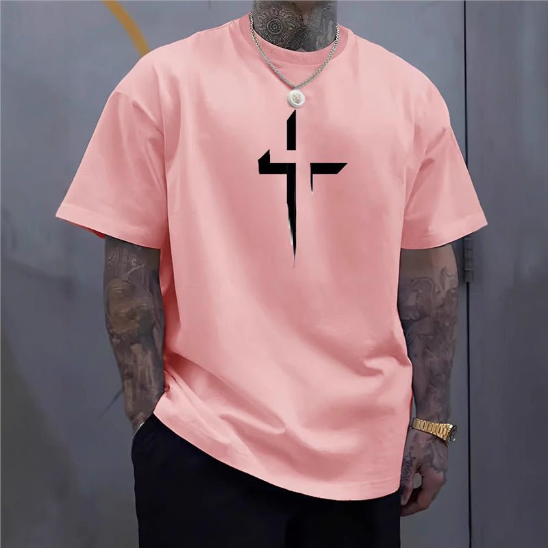 Street-style Mens Casual Loose-fit Cross-print Creative Sports Short-sleeve Top - DBMP Shop