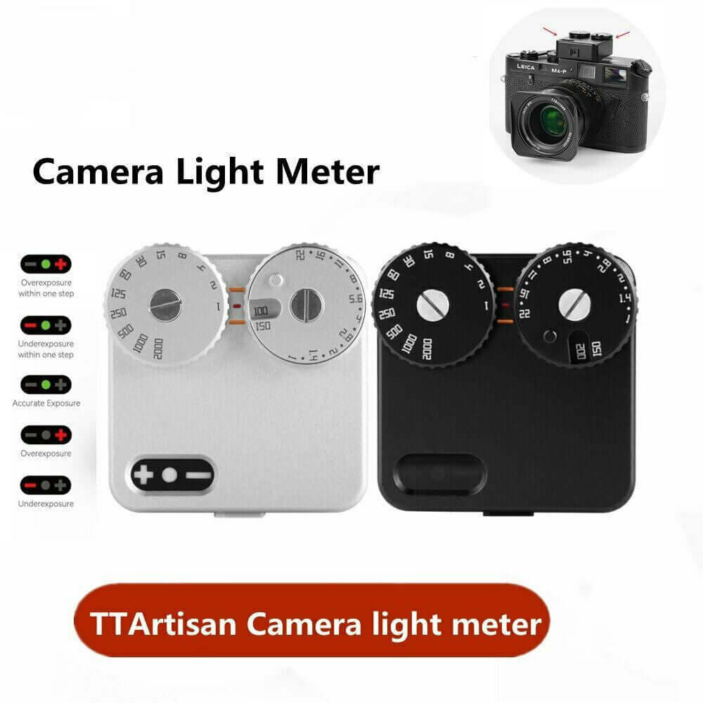 TTArtisan camera light meter in silver and black with exposure dials for accurate photography measurements.