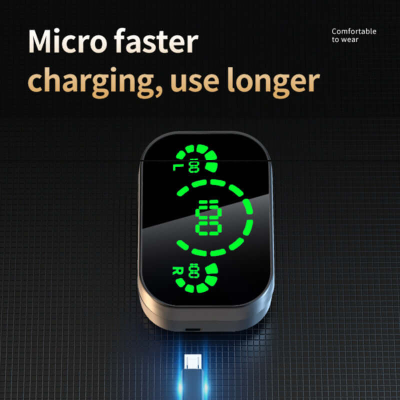 YD03 Bluetooth headset charging display showing fast charging and remaining battery life for longer use.