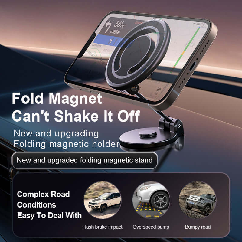 Upgraded magnetic phone holder securely mounted in a car, demonstrating stability on bumpy roads and complex conditions.