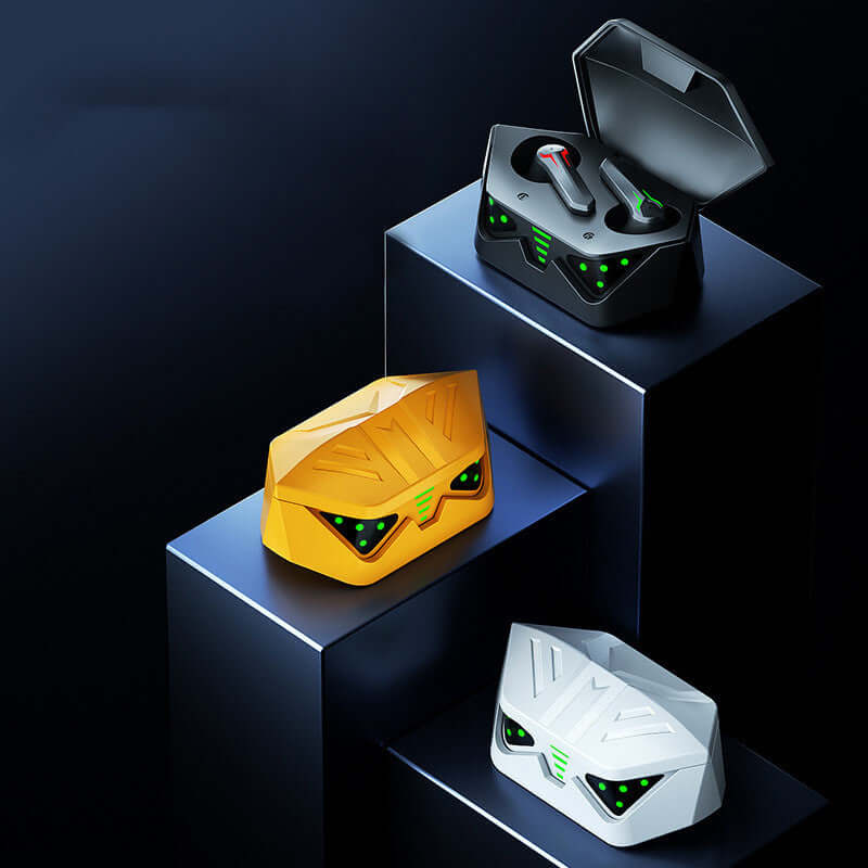 Gaming TWS Wireless Bluetooth Headset LK-GM01 in black, yellow, and white charging cases on display.