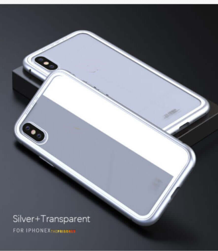 Silver and transparent magnetic tempered glass shell screen protector for iPhone X, showcasing sleek design.