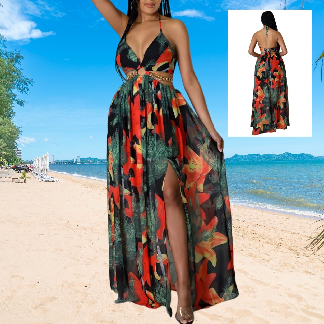 Elegant Womens Floral Print Halter V - neck Backless Side - Slit Dress Cut Out Waist Chain Sleeveless High Side Split Fit Flare Maxi Long Dresses - DBMP (Electronics And More Store)