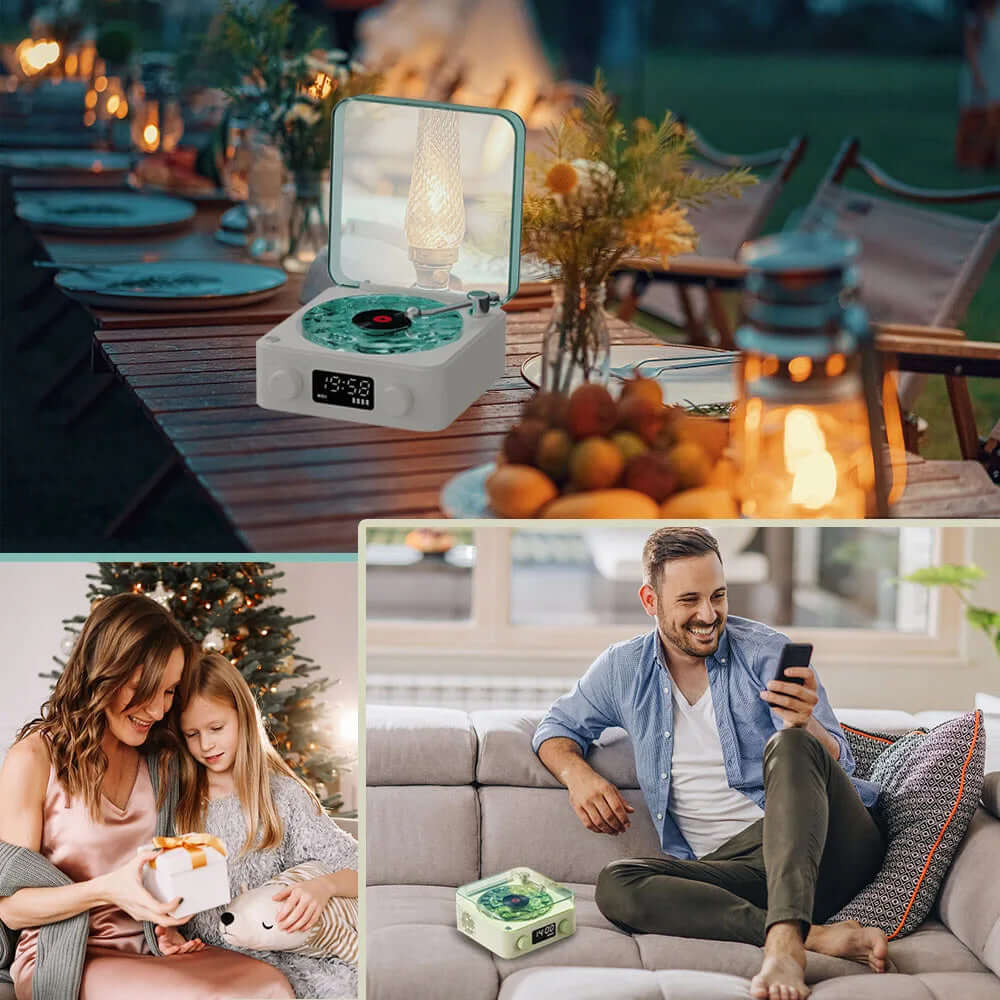 Retro turntable speaker with Bluetooth, enjoyed outdoors and at home for versatile music listening.