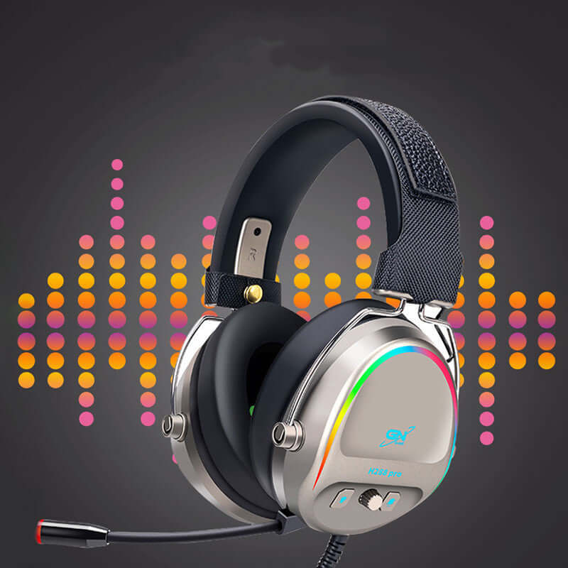 USB gaming headset with RGB lights and microphone, designed for PC gaming, stylish and immersive audio experience.