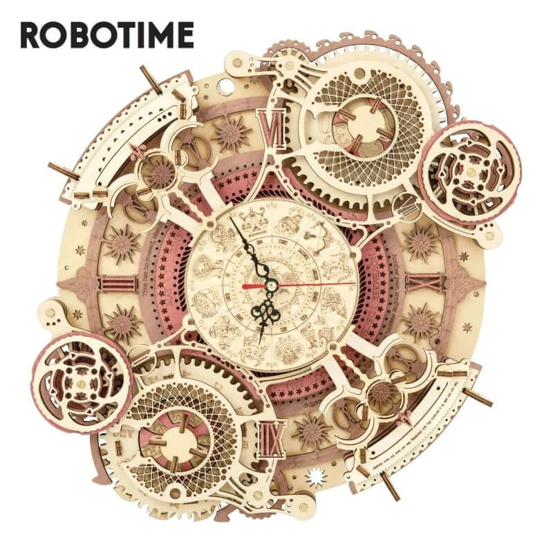 Robotime ROKR Zodiac Wall Clock 3D Wooden Puzzle Model showcasing intricate gears and designs, perfect for kids and teens.
