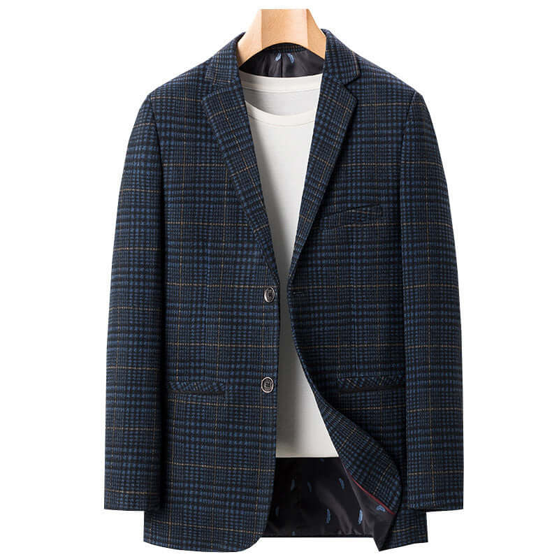 Business fine plaid casual suit for men in navy blue with light business style, perfect for a polished look.