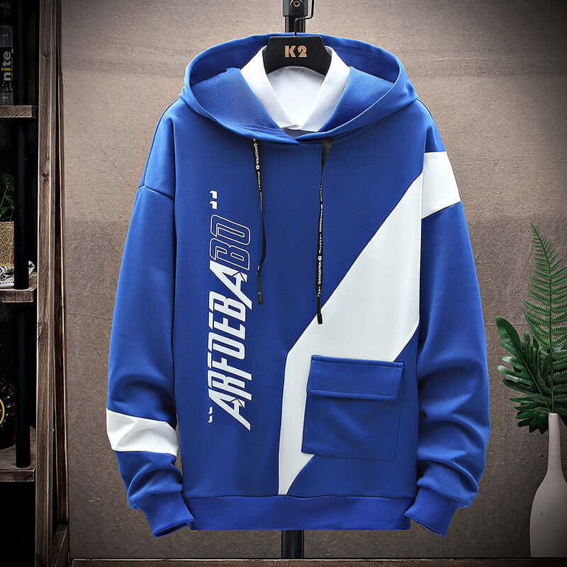 Blue long-sleeved hooded sweater for men with stylish design and front pocket, ideal for casual spring and autumn wear.