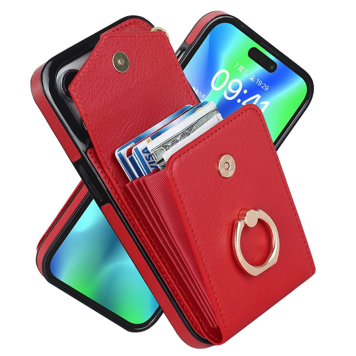 Creative red leather mobile phone cover with card slots and ring holder, compatible with Apple devices.