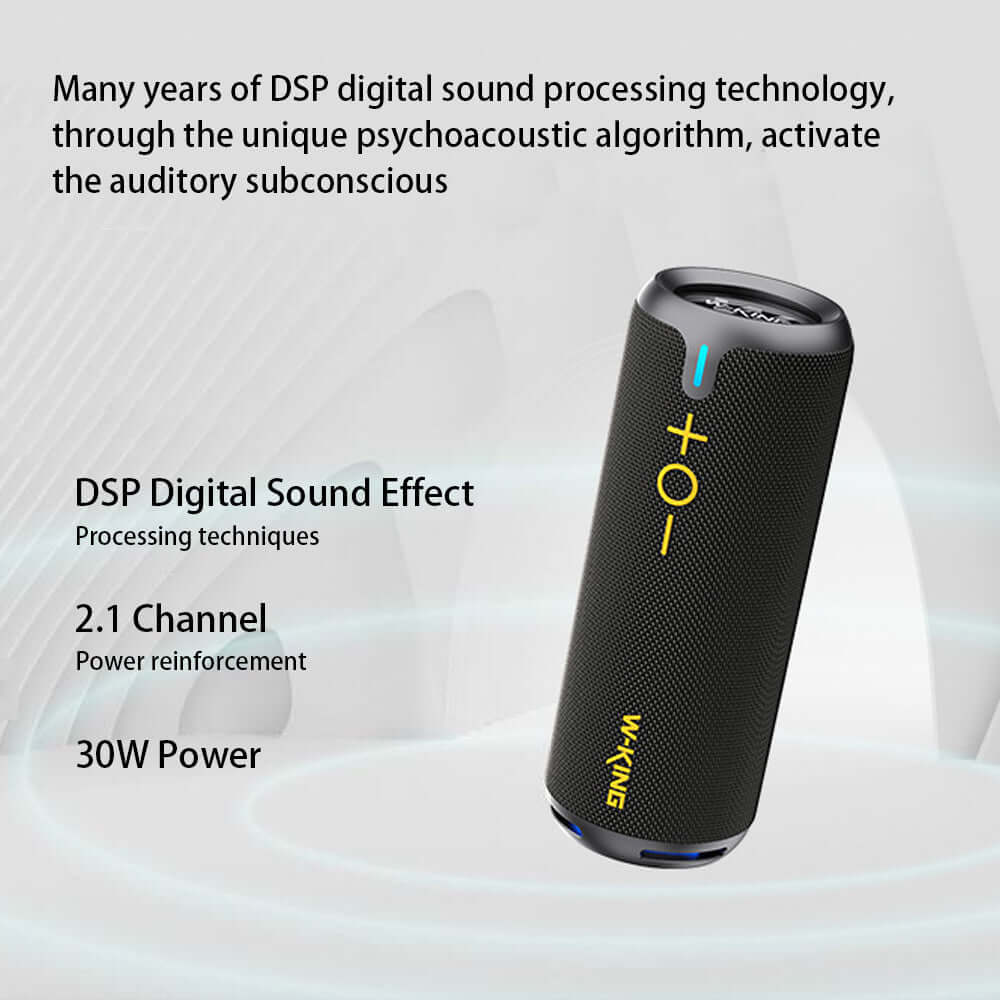 Wireless Bluetooth speaker featuring DSP digital sound, 30W power, and 2.1 channel audio for an enhanced listening experience.