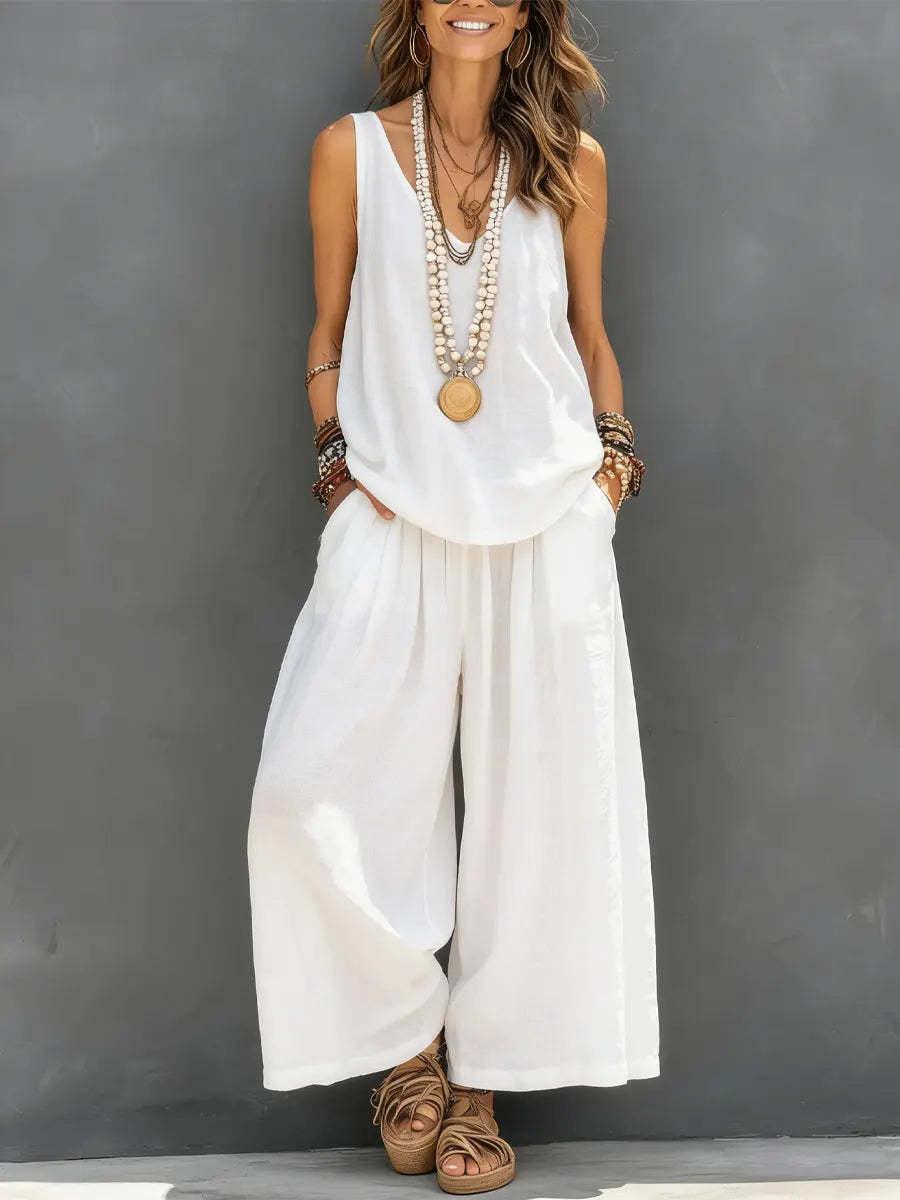 Womens Solid - Colored Casual Sleeveless Tank Top And Wide - Leg Pants Cotton - Linen Set For Daily Wear Holiday Outfit - DBMP (Electronics And More Store)