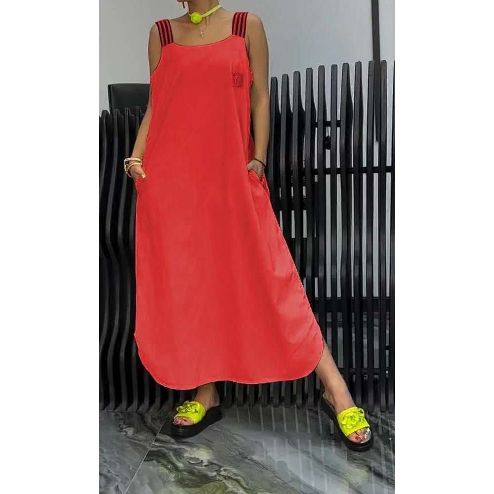 Casual Cotton And Linen Pocket Striped Shoulder Strap Skirt - DBMP Shop