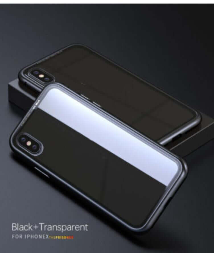 Magnetic tempered glass shell screen protector for iPhone X, featuring a black and transparent design.