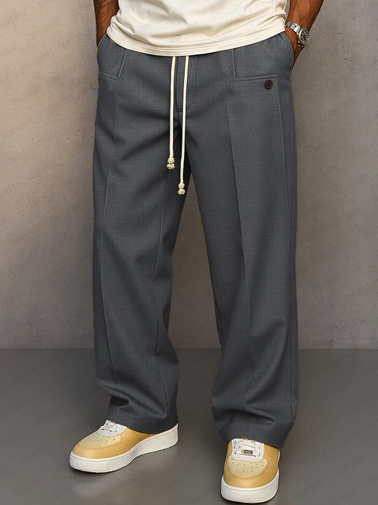 Buttons Comfortable Straight Drawstring Casual Pants