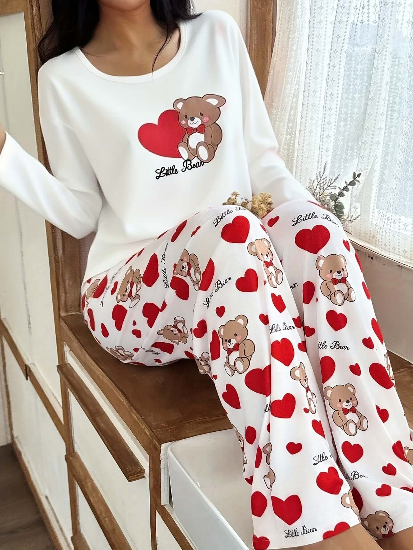 Womens Crew - Neck Bear And Heart Print Long - Sleeve Pajama Set With Long Pants - DBMP (Electronics And More Store)