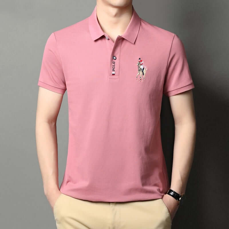 Men's summer lapel short sleeve cotton polo shirt in solid pink with embroidery design.