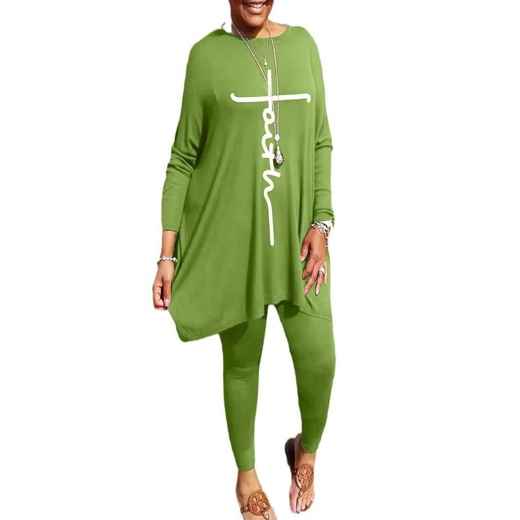 Round Neck Loose Long Sleeves Solid Color Printed Plus Size Women's Clothing Two - piece Set - DBMP (Electronics And More Store)