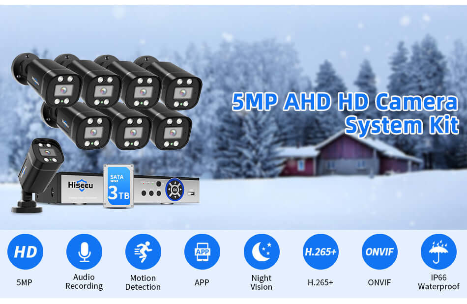 5MP AHD HD Camera System Kit with 8 cameras, 3TB storage, audio, motion detection, night vision, IP66 waterproof features.