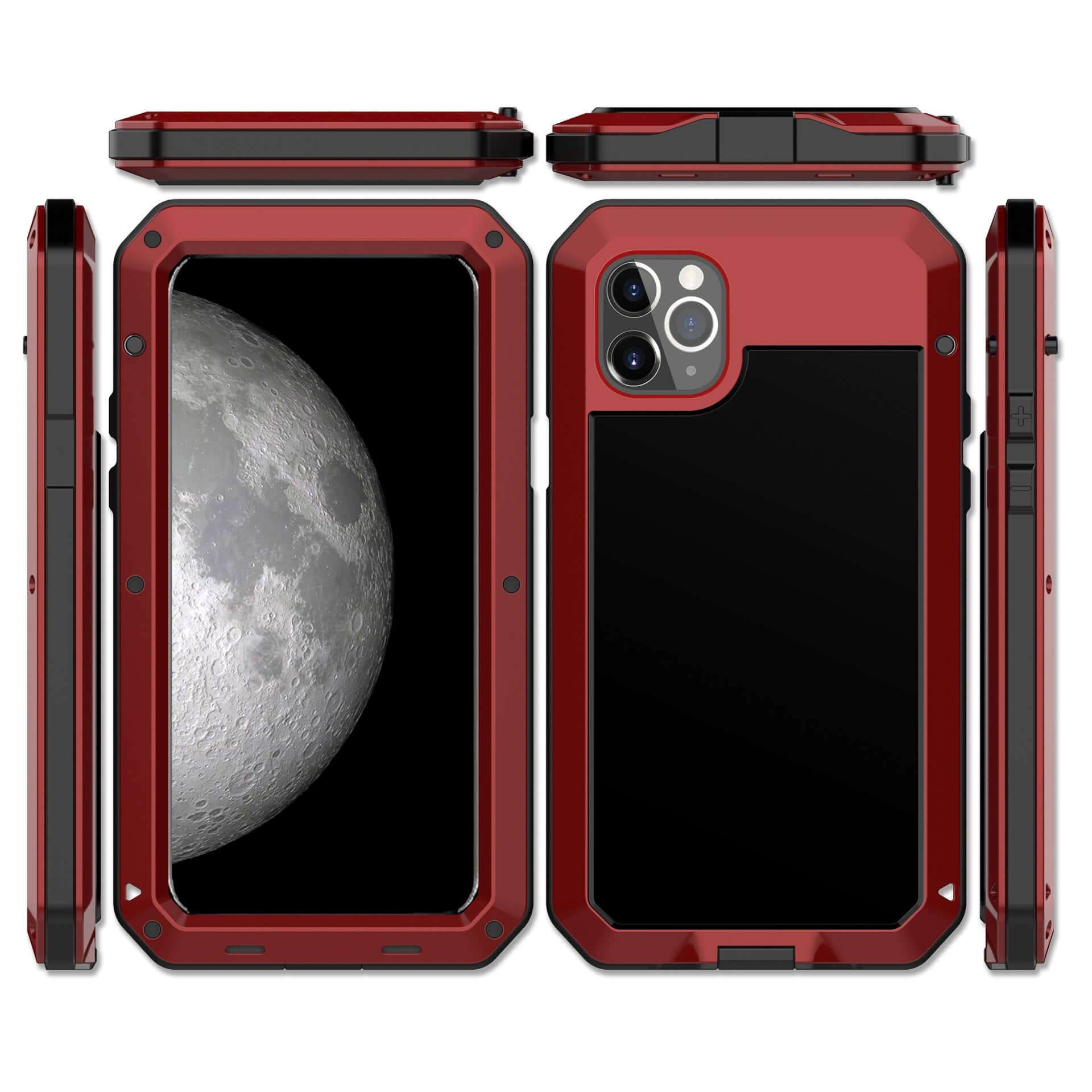 Red metal three-proof phone case with anti-drop and waterproof features, showcasing a protective design.