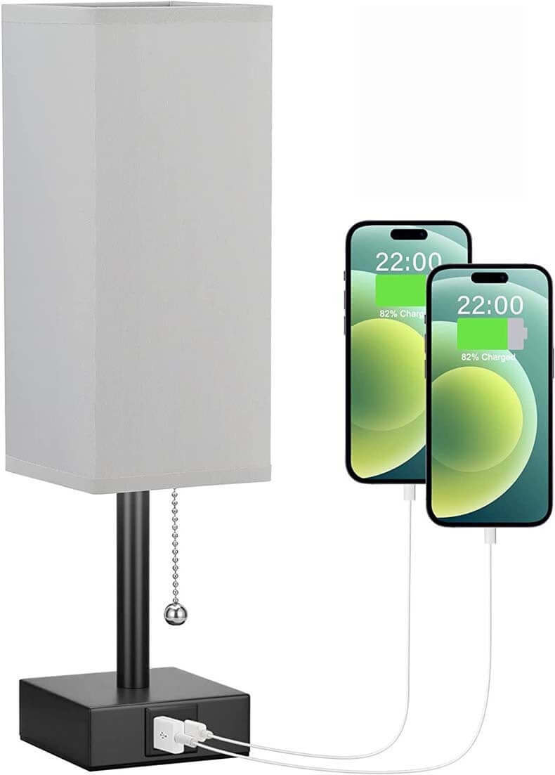 Stylish bedside table lamp with pull chain and USB C+A ports, ideal for reading and charging devices.