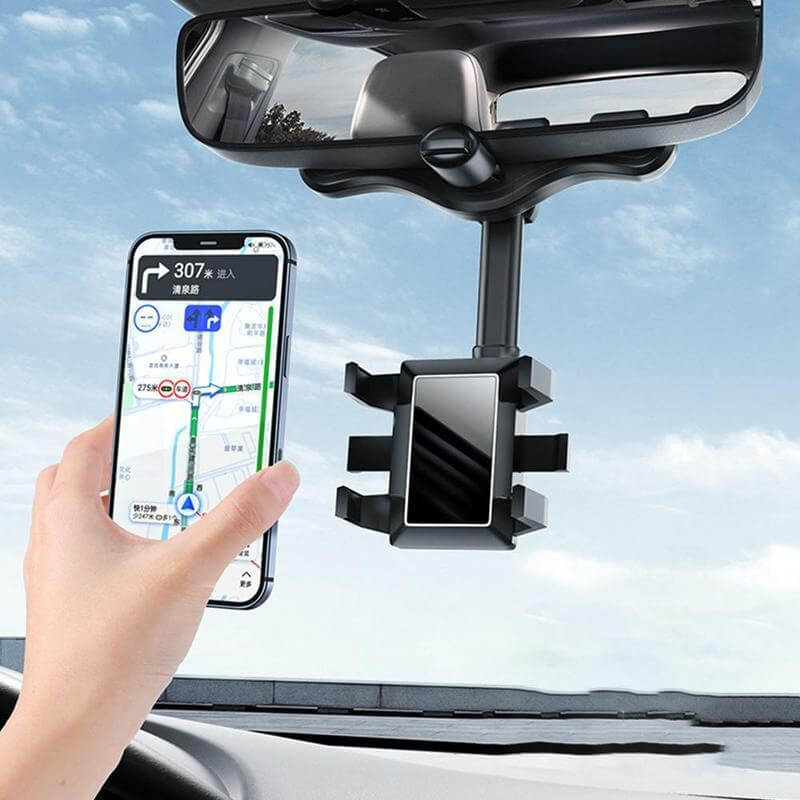 Car rearview mirror phone holder securely mounted with phone for navigation, ensuring safe driving with easy access.