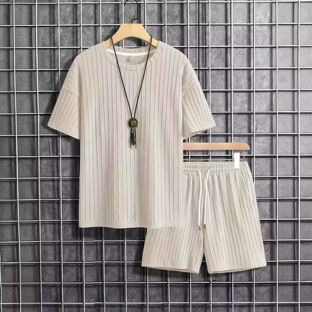 Men's milky white solid color short sleeve casual knitting suit with shorts, ideal for summer wear.