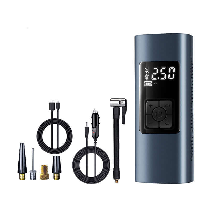 Wireless portable electric car air pump with digital display and various nozzles.
