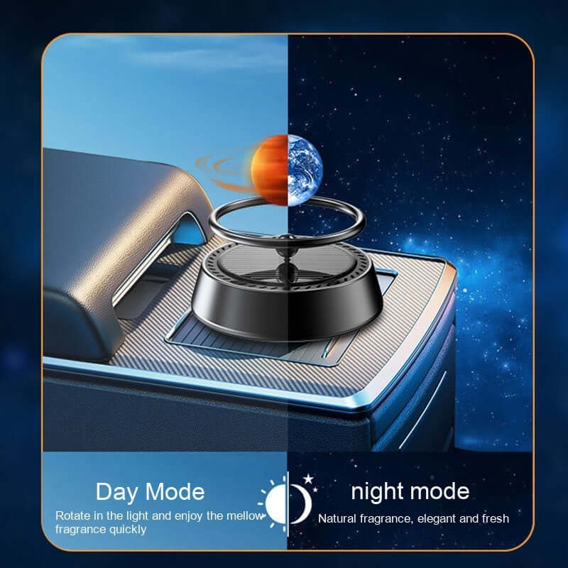 Solar energy rotating car aromatherapy ornament in day and night mode, enhancing car ambiance with natural fragrance.