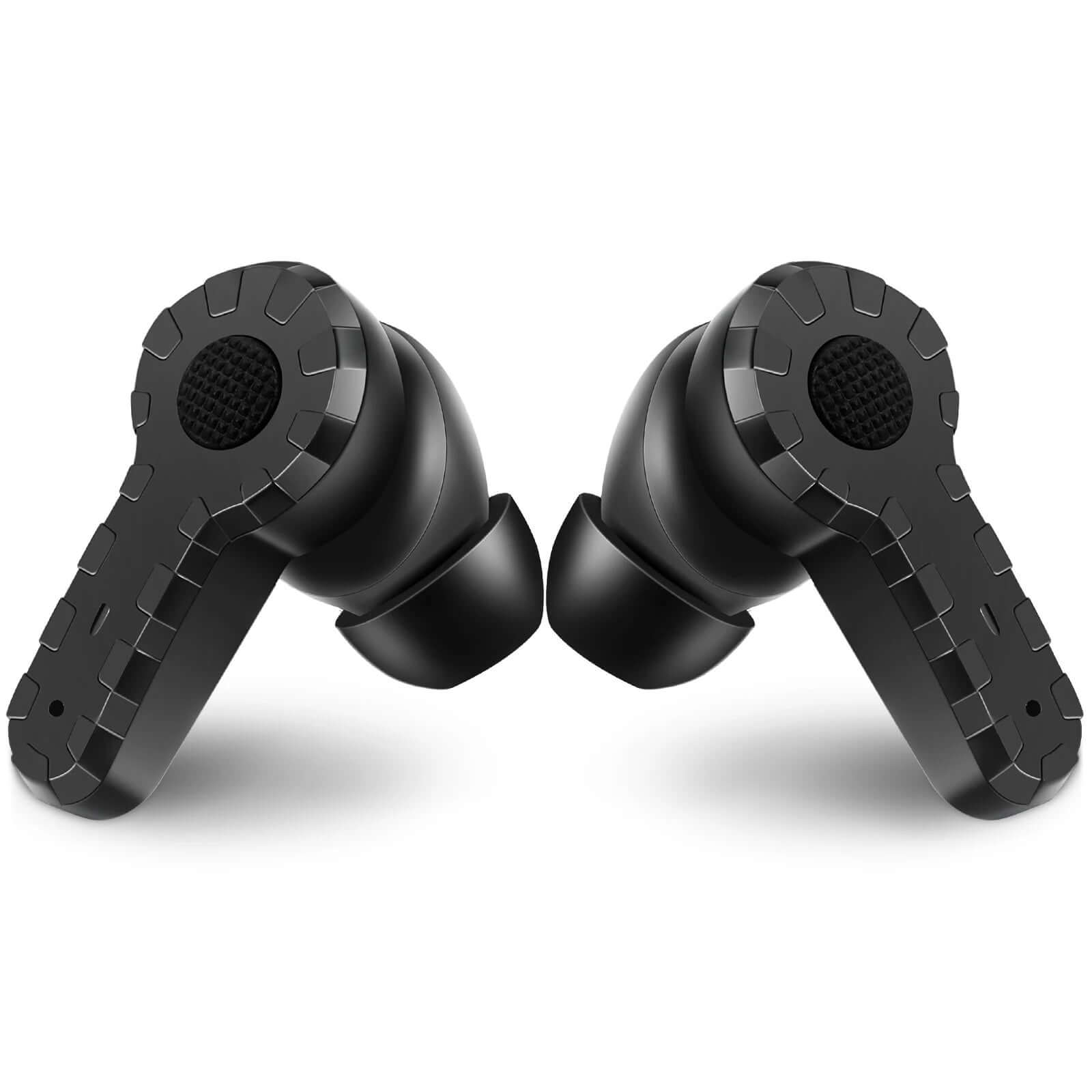 Tactical wireless noise reduction earplugs in black, designed for shooting and industrial use.