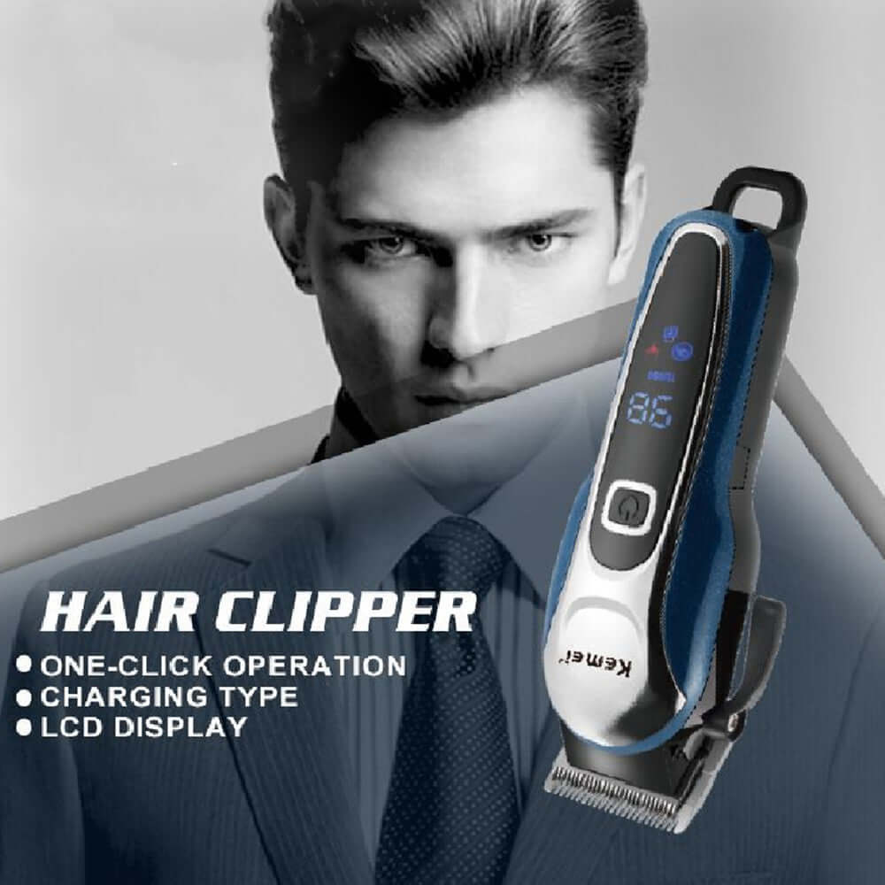 LCD display hair clipper with one-click operation, designed for professional hair styling and easy charging.