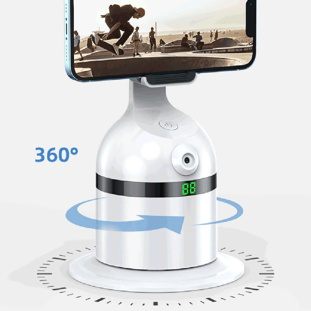 New rotating automatic camera with 360° rotation, designed for face tracking and gesture shooting, shown in pearl white.