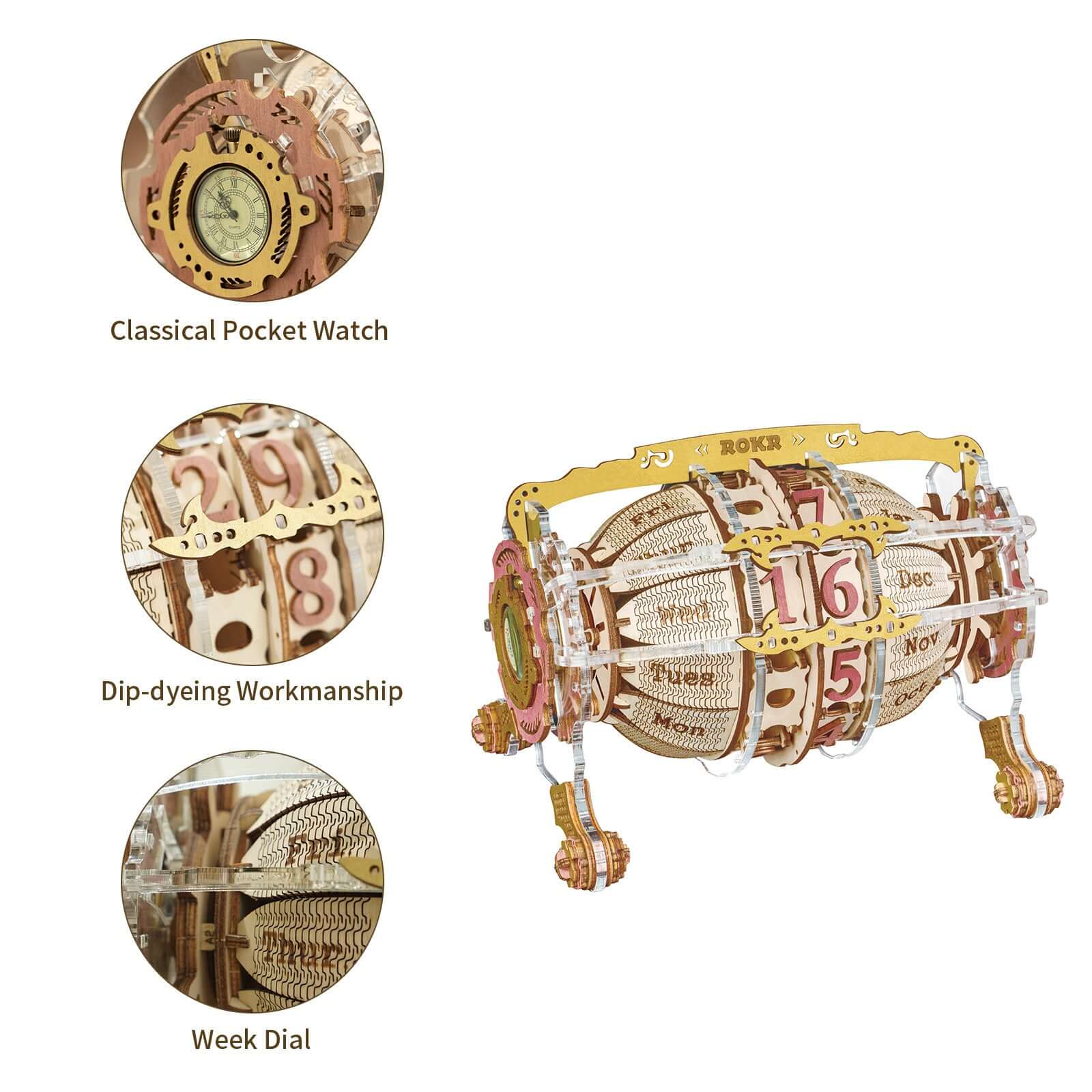 Robotime ROKR Zodiac Wall Clock 3D puzzle with classical pocket watch design and week dial features.