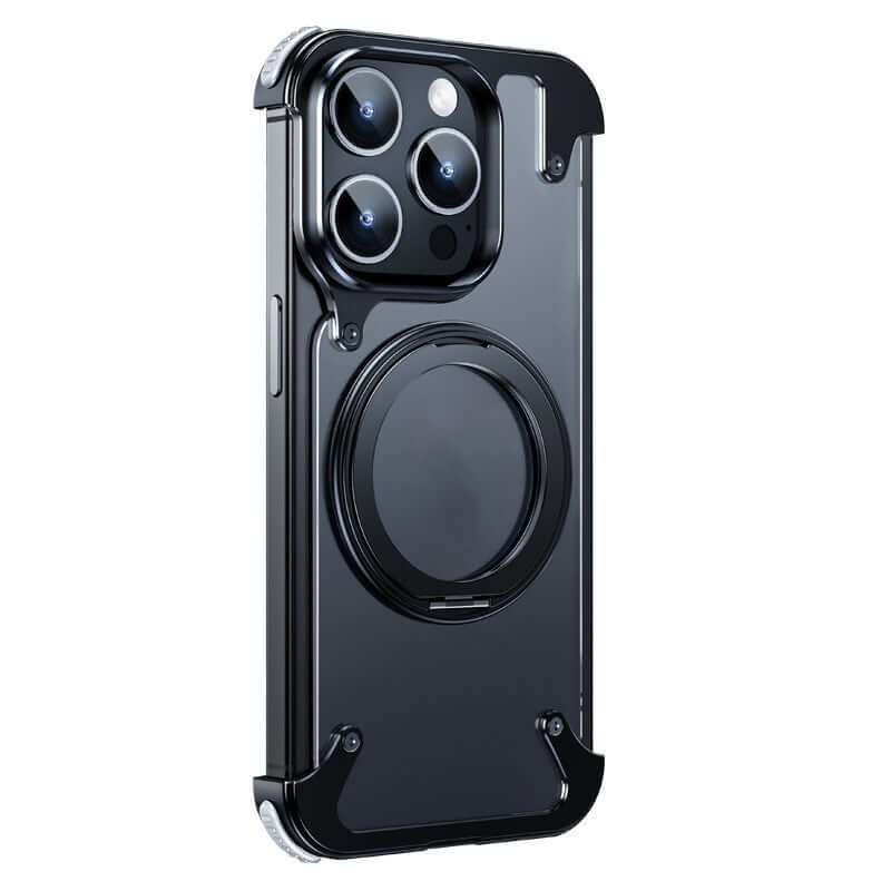 Magnetic metal rotating bracket phone case for iPhone, shockproof and drop-resistant design in black color.