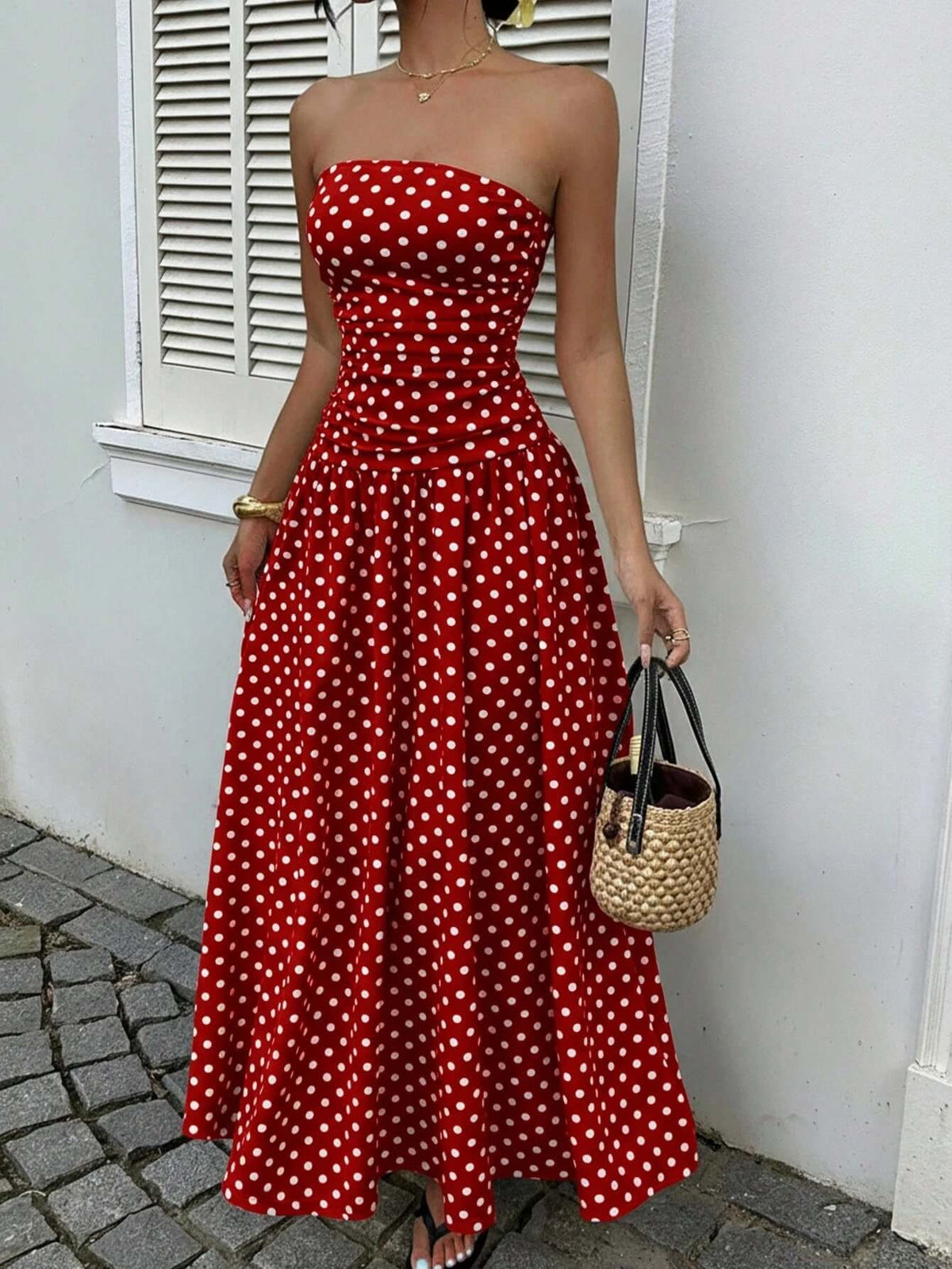 Elegant Polka-dot Off-shoulder Dresses Solid Color Strapless Lady High-waist Robe Commuting Party Business Beach Holiday Outfit