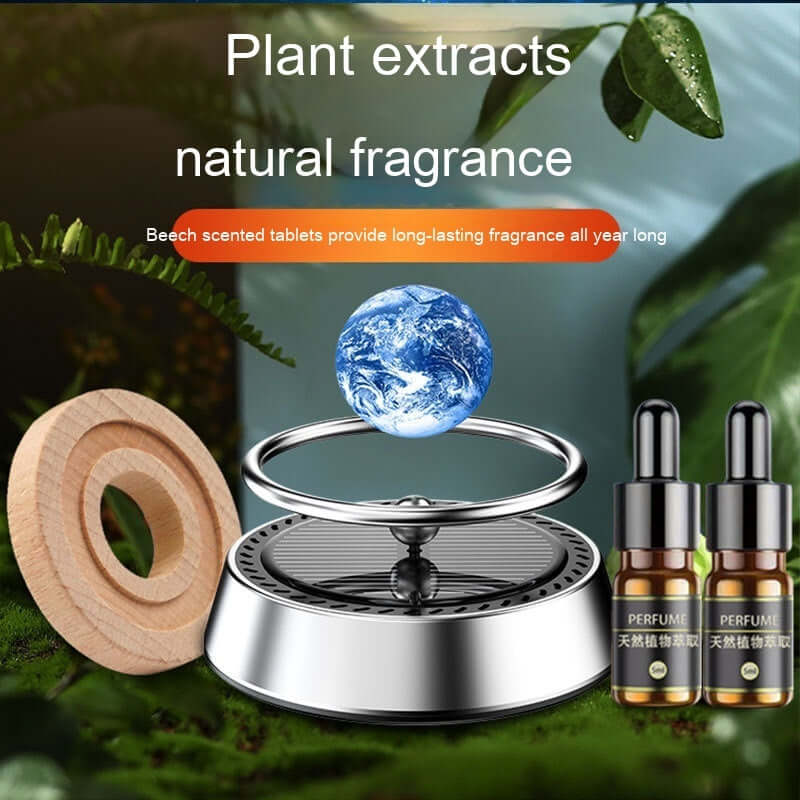Solar energy rotating car aromatherapy ornament with beech wood, essential oils, and planet design for car interior.