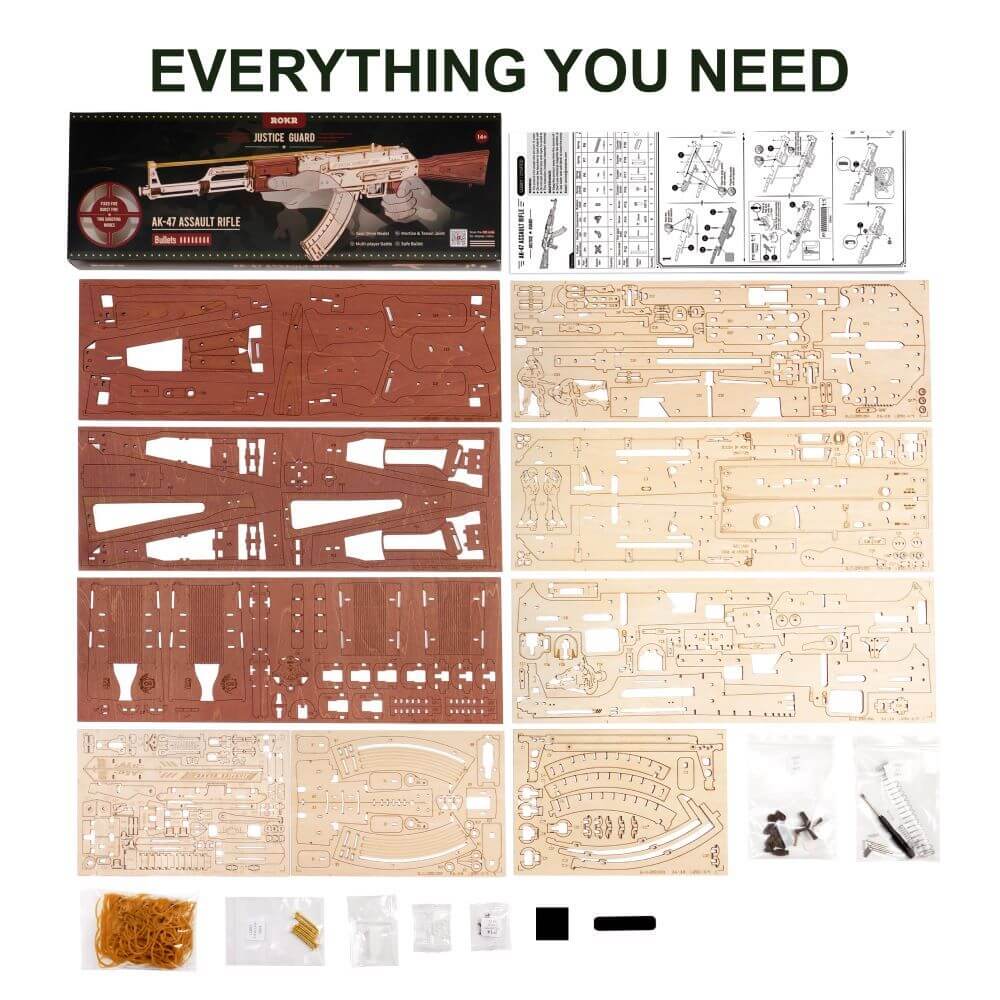 Robotime Rokr AK-47 3D wooden assembly kit with parts and instructions for DIY toy building.