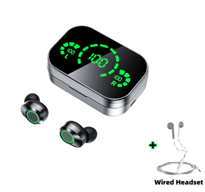 YD03 Wireless Bluetooth Headset TWS with LED digital display and included wired headset, showcasing advanced features.